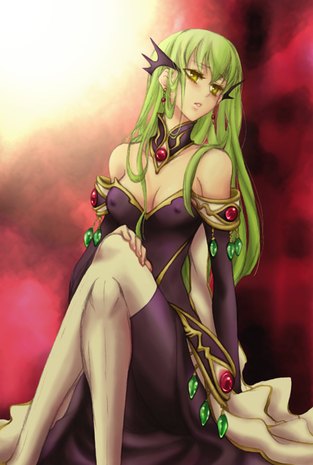 aise1804 breasts c.c. cc code_geass detached_sleeves dress earrings erect_nipples female gradient gradient_background green_hair hair_ornament jewelry legs_crossed long_hair military military_uniform sitting solo uniform yellow_eyes