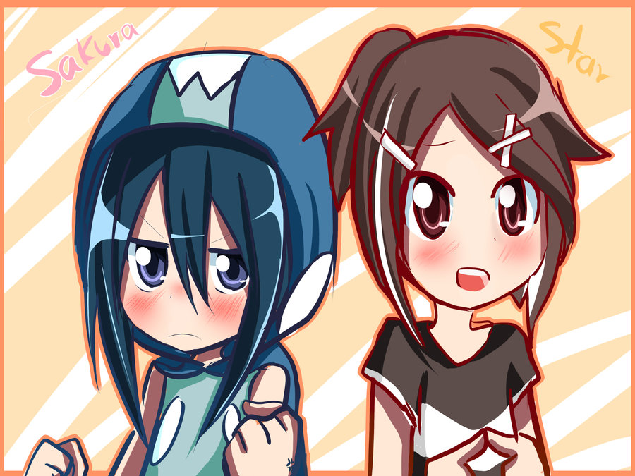 2girls angry blue_hair blush brown_hair fist gijinka multiple_girls personification piplup pokemon smile starly
