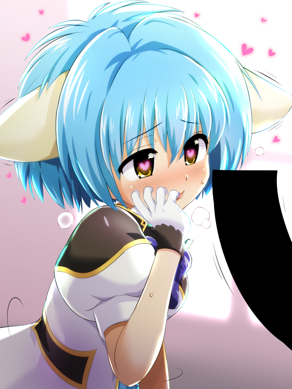 1girl animal_ears bar_censor blue_bow blue_bowtie blue_hair blush bow bowtie censored galaxy_angel gloves heart heart-shaped_pupils jacket konpeto military military_uniform mint_blancmanche puffy_short_sleeves puffy_sleeves rabbit_ears sexually_suggestive short_hair short_sleeves symbol-shaped_pupils tongue tongue_out uniform white_gloves white_jacket yellow_eyes