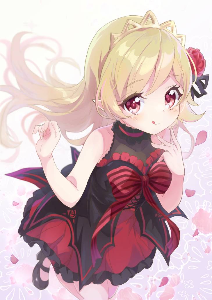1girl :q bangs bare_shoulders black_footwear blonde_hair blush bow breasts closed_mouth dotton9 dress ecute flower frilled_dress frills full_body gothic_lolita hair_flower hair_ornament hands_up jashin-chan_dropkick lolita_fashion long_hair looking_at_viewer mary_janes no_socks red_bow red_eyes red_flower red_rose rose shiny shiny_hair shoes sidelocks simple_background small_breasts smile solo striped striped_bow tiara tongue tongue_out