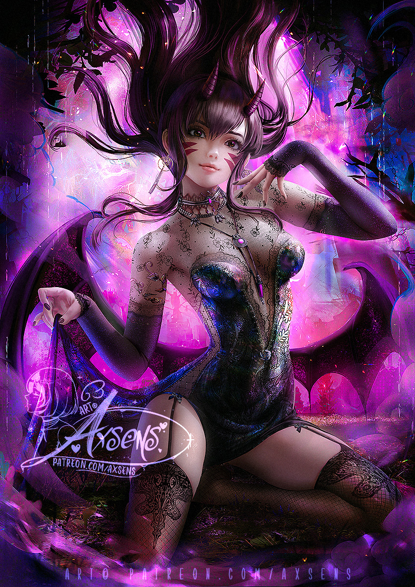 1girl arms_up artist_name axsen backlighting banned_artist black_dress black_hair black_nails breasts brown_eyes brown_thighhighs cleavage closed_mouth d.va_(overwatch) demon_girl demon_horns demon_wings dress earrings facial_mark garter_straps highres horns jewelry kneeling lips long_hair long_sleeves looking_at_viewer nail_polish necklace overwatch photoshop_(medium) skirt_hold smile thighhighs very_long_hair wings