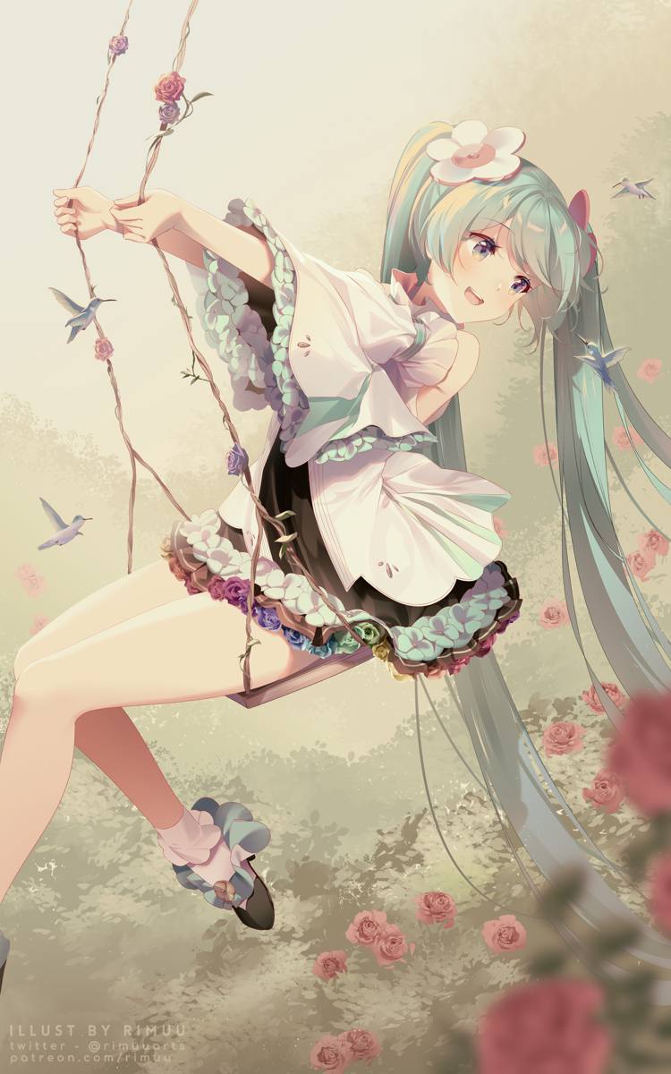 1girl :d bare_shoulders black_dress black_footwear blue_eyes blurry blurry_foreground commentary_request depth_of_field detached_sleeves dress flower frilled_socks frills green_hair hair_flower hair_ornament hatsune_miku highres long_hair long_sleeves looking_away looking_back red_flower red_rose rimuu rose shoes sitting smile socks solo swing twintails very_long_hair vocaloid white_flower white_sleeves white_socks wide_sleeves