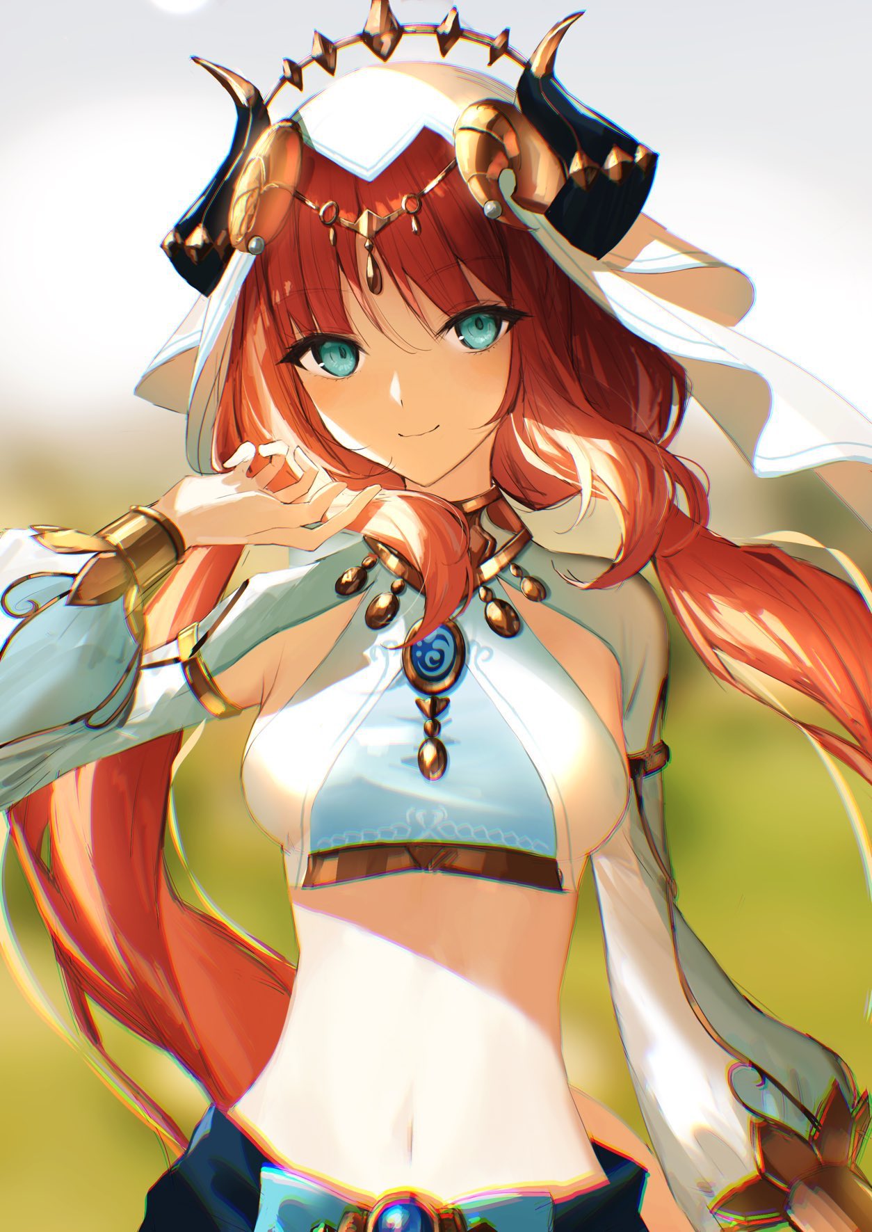 1girl bangs blue_eyes blue_skirt blush bracelet breasts brooch circlet commentary_request crop_top detached_sleeves forehead_jewel genshin_impact gold_trim hand_up harem_outfit highres horns jewelry long_hair long_sleeves looking_at_viewer navel nilou_(genshin_impact) puffy_long_sleeves puffy_sleeves red_hair sash sidelocks skirt smile solo tamitami twintails upper_body veil vision_(genshin_impact)