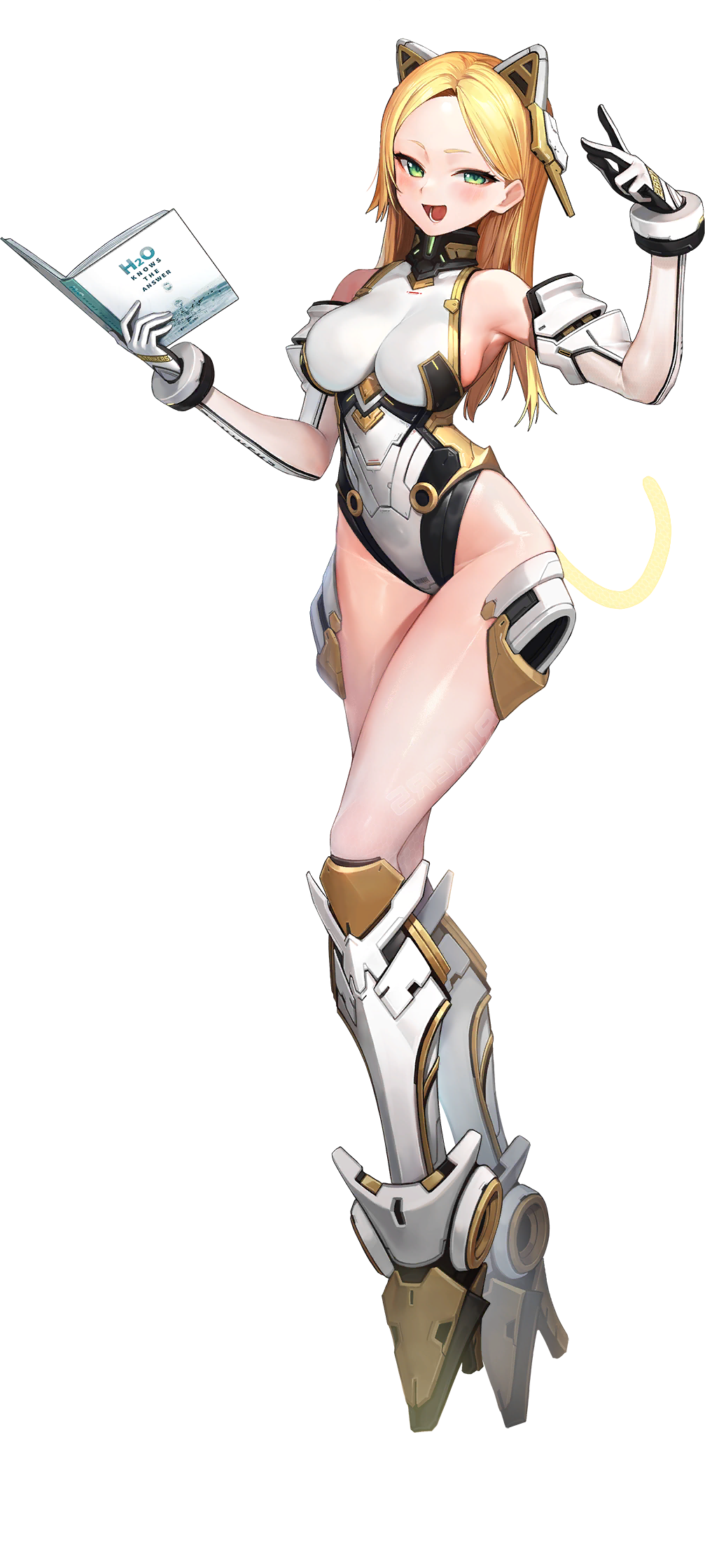 1girl alternate_hairstyle animal_ears arm_guards armored_boots armpits barcode blonde_hair blush book boots breasts cat_ears cat_tail collar detached_sleeves elbow_gloves energy_tail english_text fake_animal_ears fake_tail full_body gloves green_eyes hair_down high_heel_boots high_heels highleg highleg_leotard highres holding holding_book jam_(nandade) knee_boots large_breasts last_origin leotard long_hair looking_at_viewer mechanical_ears mechanical_parts mercury_(last_origin) metal_collar official_alternate_costume official_art open_mouth pantyhose see-through sideboob skindentation smile solo tail thighs transparent_background white_footwear white_gloves white_leotard white_sleeves