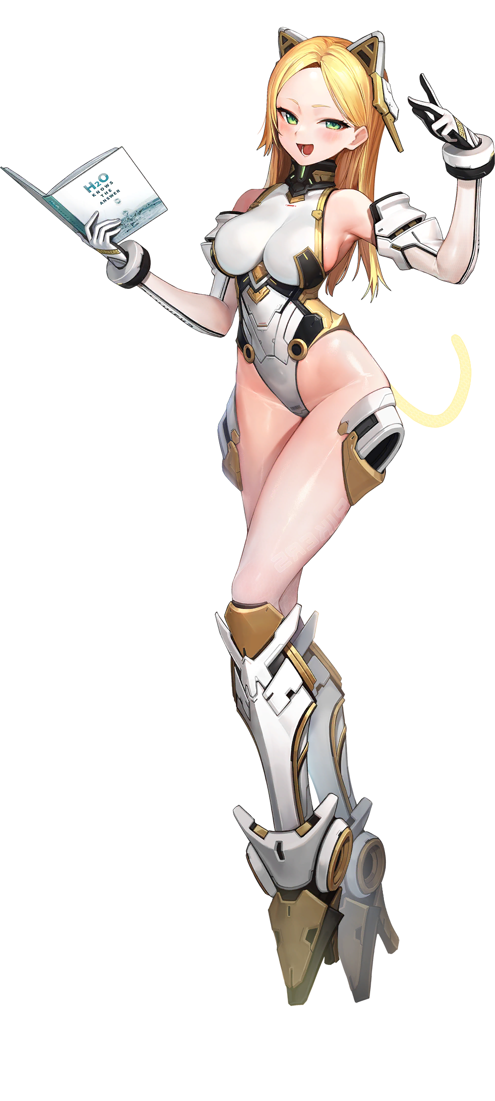 1girl alternate_hairstyle animal_ears arm_guards armored_boots armpits barcode blonde_hair blush book boots breasts cat_ears cat_tail collar detached_sleeves elbow_gloves energy_tail english_text fake_animal_ears fake_tail full_body gloves green_eyes hair_down high_heel_boots high_heels highleg highleg_leotard highres holding holding_book jam_(nandade) knee_boots large_breasts last_origin leotard long_hair looking_at_viewer mechanical_ears mechanical_parts mercury_(last_origin) metal_collar official_alternate_costume official_art open_mouth pantyhose see-through sideboob skindentation smile solo tail thighs transparent_background white_footwear white_gloves white_leotard white_sleeves