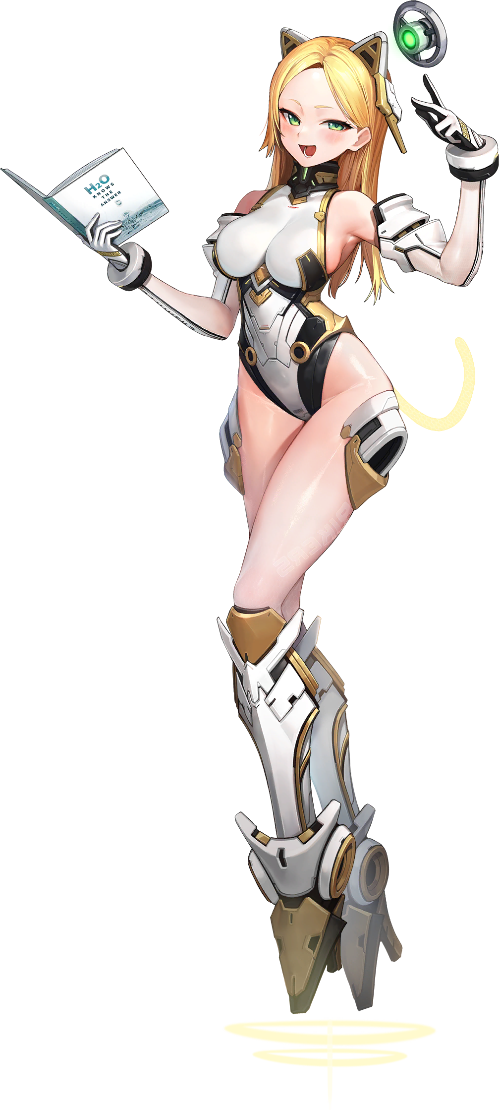 1girl alternate_hairstyle animal_ears arm_guards armored_boots armpits barcode blonde_hair blush book boots breasts cat_ears cat_tail collar detached_sleeves elbow_gloves energy_tail english_text fake_animal_ears fake_tail full_body gloves green_eyes hair_down high_heel_boots high_heels highleg highleg_leotard highres holding holding_book hologram jam_(nandade) knee_boots large_breasts last_origin leotard long_hair looking_at_viewer mechanical_ears mechanical_halo mechanical_parts mercury_(last_origin) metal_collar official_alternate_costume official_art open_mouth pantyhose see-through sideboob skindentation smile solo tail thighs transparent_background white_footwear white_gloves white_leotard white_sleeves