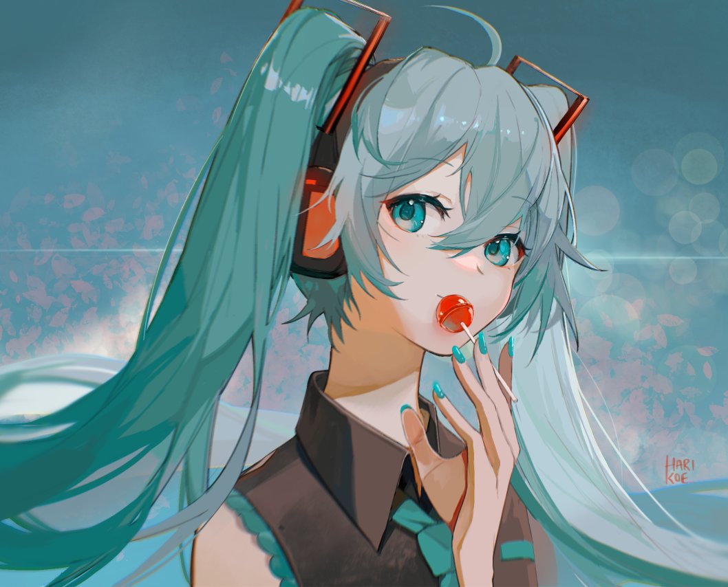 1girl 39 ahoge aqua_necktie bangs bare_shoulders blue_bow blue_nails blue_sky blush bow candy closed_mouth collar commentary eyelashes food frills hair_between_eyes harikoe hatsune_miku headphones heart heart_hands holding holding_candy holding_food holding_lollipop lollipop looking_at_viewer miku_day necktie shiny shiny_hair shirt sky sleeveless sleeveless_shirt solo tie_clip upper_body vocaloid wide_sleeves