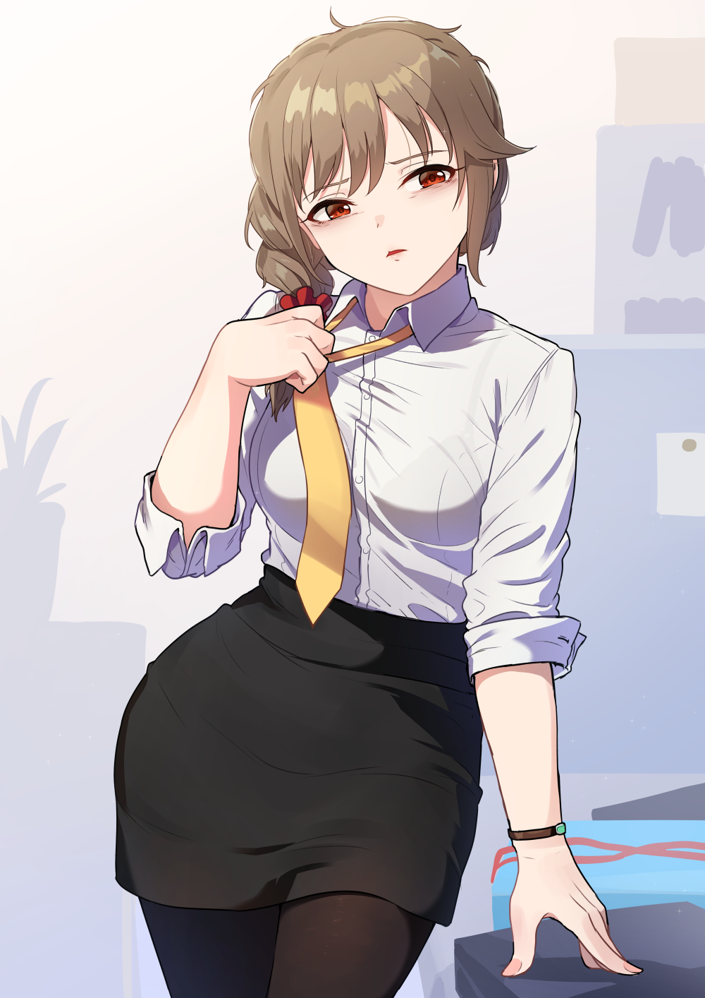 1girl adjusting_clothes adjusting_necktie bags_under_eyes bangs black_pantyhose black_skirt bra_visible_through_clothes bracelet braid dress_shirt frown hair_ornament hair_scrunchie half-closed_eyes highres id_card idolmaster idolmaster_cinderella_girls indoors jewelry kamille_(vcx68) lanyard leaning_to_the_side long_sleeves looking_at_viewer medium_hair miniskirt necktie office_lady pantyhose parted_lips pencil_skirt red_scrunchie scrunchie see-through senkawa_chihiro shirt single_braid skirt sleeves_rolled_up solo wing_collar yellow_necktie