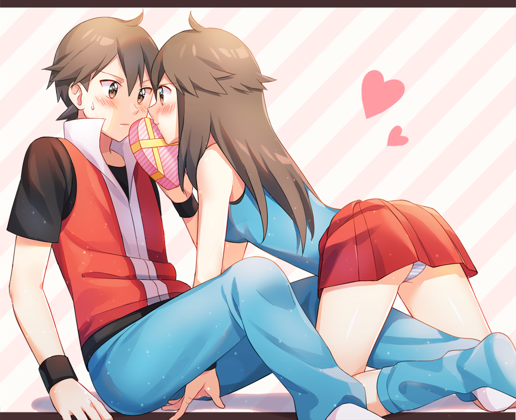 1boy 1girl all_fours bangs blue_shirt blue_socks blush brown_eyes brown_hair closed_mouth commentary_request cowlick eye_contact heart hetero holding leaf_(pokemon) long_hair looking_at_another loose_socks panties pants pleated_skirt pokemon pokemon_(game) pokemon_frlg red_(pokemon) red_skirt scbstella shirt short_hair short_sleeves sitting skirt sleeveless sleeveless_jacket sleeveless_shirt socks striped striped_panties sweatdrop t-shirt underwear valentine white_socks wristband