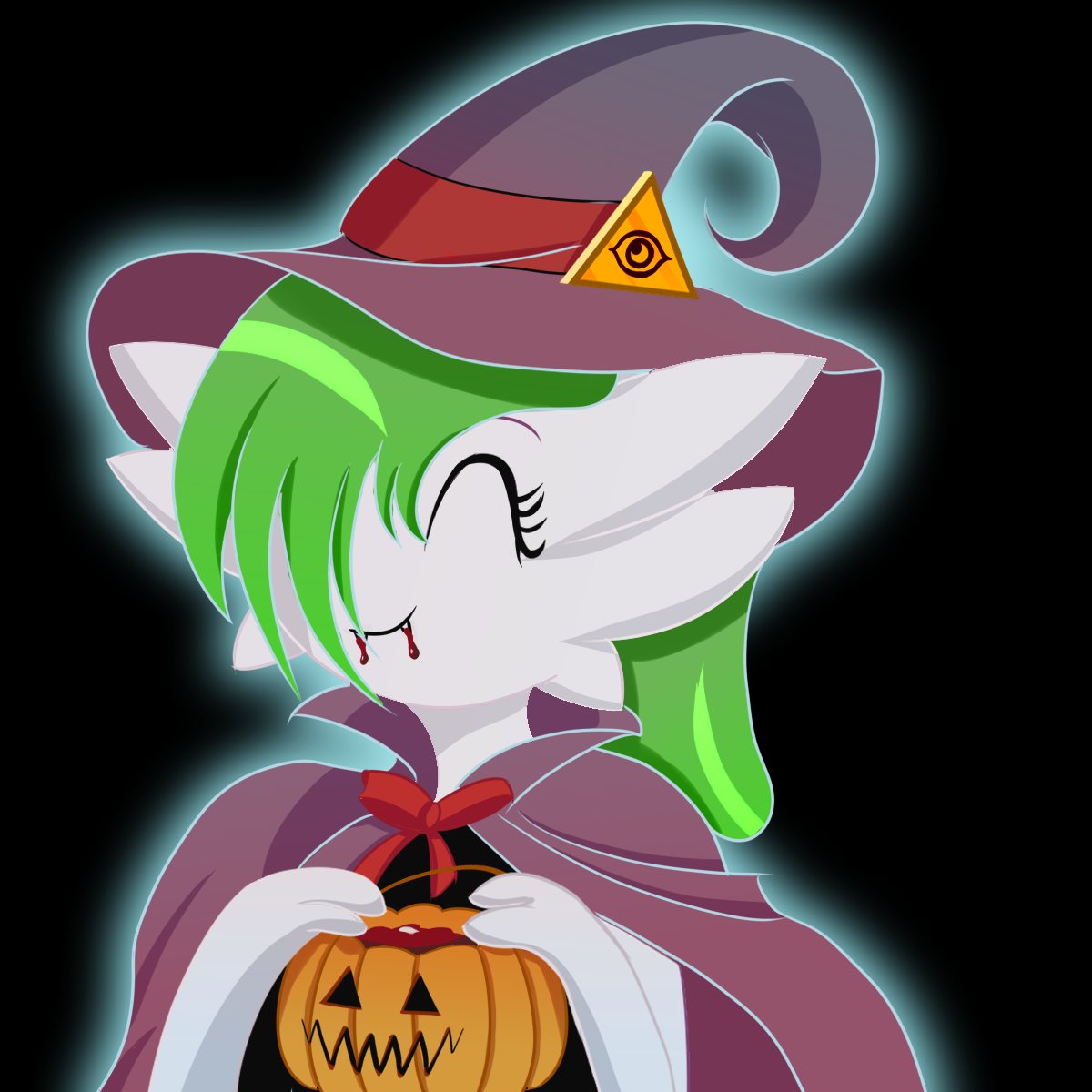 3_fingers ^_^ black_background blood bodily_fluids candy_bucket cape clothing divifilly eyes_closed fangs feet female fingers gardevoir generation_3_pokemon green_hair hair hair_over_eye halloween hat headgear headwear hi_res holding_pumpkin holidays humanoid icon illuminati jack-o'-lantern medium_hair nintendo one_eye_obstructed pokemon pokemon_(species) ruby_(ghostth39) simple_background smile soles video_games witch_costume witch_hat