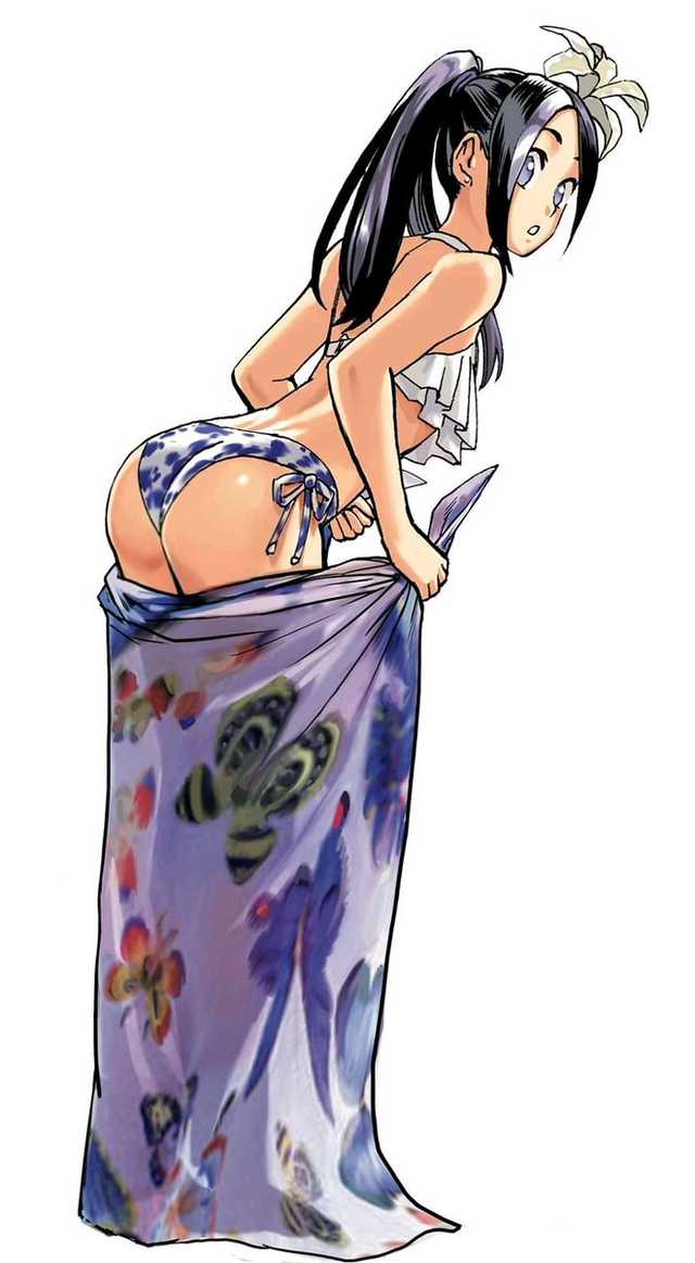 1girl arm_up ass bangs bent_over bikini black_hair blue_eyes blue_hair breasts flower hair_ornament looking_at_viewer looking_back medium_breasts multicolored_hair murata_yuusuke official_art one-punch_man open_mouth ponytail sansetsukon_no_lily sarong simple_background solo swimsuit two-tone_hair underwear white_background