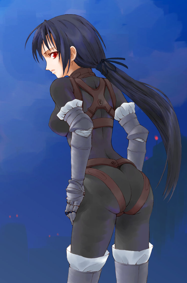 artist_request ass blue_hair bodysuit copyright_request elbow_gloves gloves harness long_hair looking_back ponytail red_eyes solo