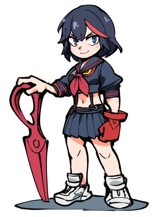 1girl black_hair blue_eyes breasts closed_mouth full_body gloves hounori kill_la_kill looking_at_viewer matoi_ryuuko multicolored_hair navel red_hair school_uniform scissor_blade short_hair simple_background skirt smile solo streaked_hair suspenders two-tone_hair weapon white_background