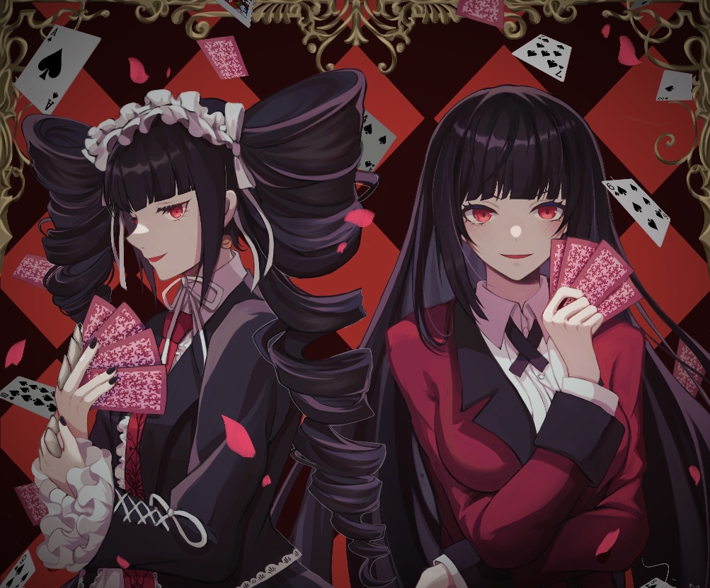 2girls :d bangs black_background black_hair black_jacket black_nails blazer blunt_bangs bonnet breasts card celestia_ludenberg collared_shirt danganronpa:_trigger_happy_havoc danganronpa_(series) drill_hair earrings hime_cut holding holding_card hyakkaou_academy_uniform jabami_yumeko jacket jewelry kakegurui large_breasts long_hair looking_at_viewer multiple_girls nail_polish necktie petals playing_card qianxiaxiale red_background red_eyes red_jacket red_necktie school_uniform shirt smile trait_connection twin_drills twintails