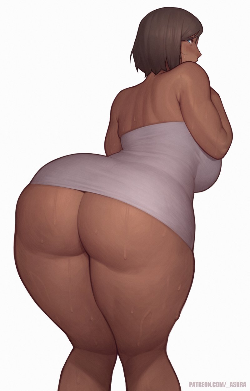 1girl alternate_body_size ass asura_(asurauser) avatar_(series) back blue_eyes blush brown_hair dark-skinned_female dark_skin from_behind highres huge_ass korra leaning_forward legs_together naked_towel short_hair simple_background solo the_legend_of_korra thick_thighs thighs towel