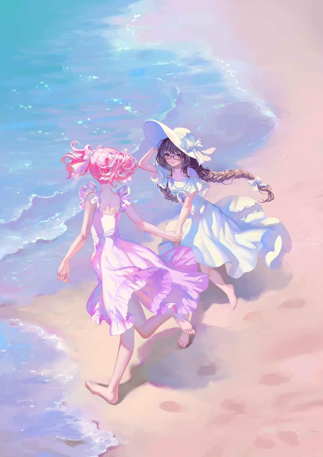 2girls akemi_homura alternate_costume bangs bare_arms barefoot beach bow braid dress facing_another footprints frilled_dress frilled_sleeves frills from_above front-tie_top full_body glasses hair_bow hand_on_headwear hand_up hat hat_bow hei_yu highres holding_hands kaname_madoka long_hair looking_at_another mahou_shoujo_madoka_magica multiple_girls ocean outdoors pink_dress pink_hair purple_eyes red-framed_eyewear running sand short_hair short_sleeves short_twintails shoulder_blades smile sun_hat sundress twin_braids twintails water white_dress white_headwear