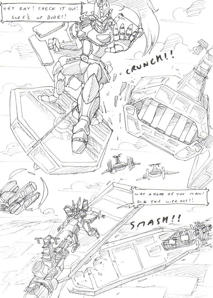 aircraft black_and_white cannon cloud comic crunch damaged_vehicle destruction dialogue english_text field kitfox-crimson knight_armor machine mecha monochrome mountain one_panel_comic onomatopoeia ranged_weapon shield sketch sky smash sound_effects speech_bubble surfing text weapon zero_pictured