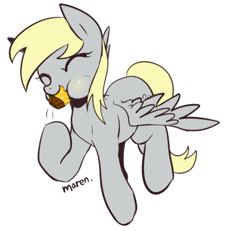 2015 blonde_hair cutie_mark derpy_hooves_(mlp) digital_media_(artwork) eating equid equine eyes_closed feathered_wings feathers female feral flying food friendship_is_magic grey_body grey_feathers hair hasbro mammal marenlicious muffin my_little_pony pegasus signature simple_background solo white_background wings yellow_tail