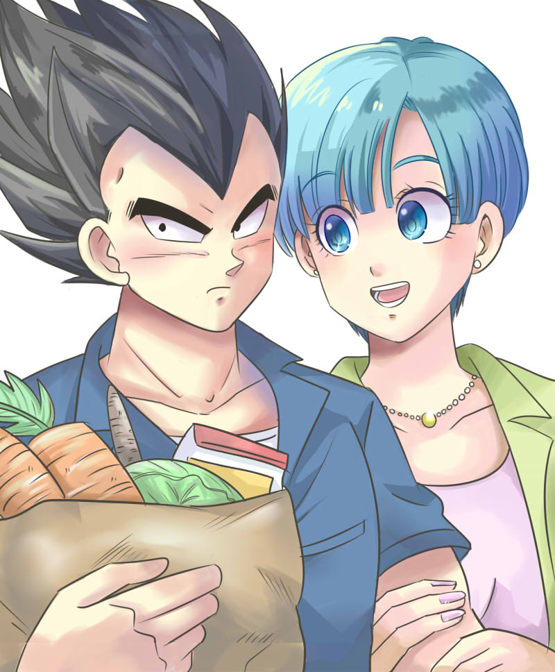 1boy 1girl bag bead_necklace beads black_eyes black_hair blue_eyes blue_hair bulma cabbage carrot dragon_ball dragon_ball_super earrings frown grocery_bag husband_and_wife jewelry necklace open_mouth paper_bag pesogin shopping_bag short_hair smile stud_earrings vegeta widow's_peak
