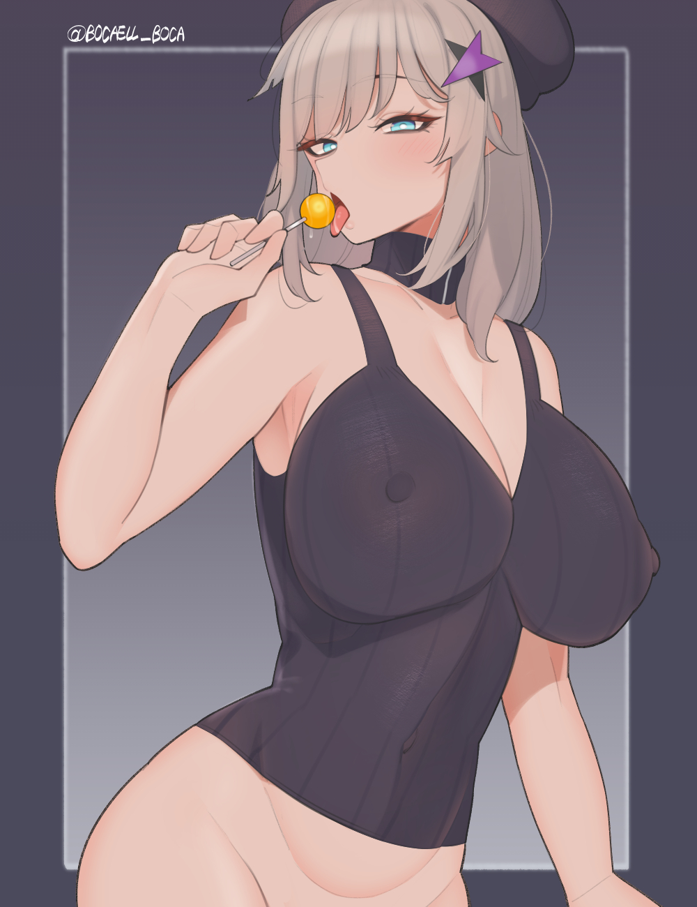 1girl aa-12_(girls'_frontline) bangs bare_shoulders beret blue_eyes blush boca breasts candy cleavage covered_navel covered_nipples eyeliner food girls'_frontline grey_hair hair_ornament hat highres large_breasts lollipop long_hair looking_at_viewer makeup saliva solo tongue tongue_out