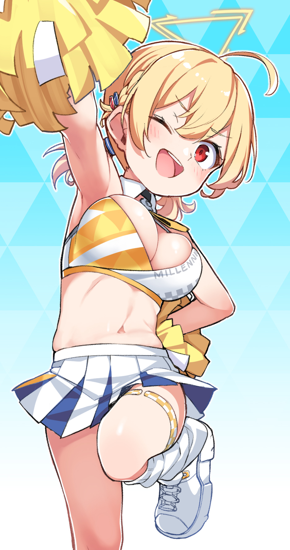 1girl ;d ahoge alternate_costume armpits bangs banned_artist bare_arms bare_legs bare_shoulders blonde_hair blue_archive blue_background breasts cheerleader cleavage crop_top gradient gradient_background hair_between_eyes hand_on_hip highres holding konnyaku_(kk-monmon) kotori_(blue_archive) kotori_(cheerleader)_(blue_archive) large_breasts leg_up looking_at_viewer midriff miniskirt navel one_eye_closed open_mouth pleated_skirt pom_pom_(cheerleading) red_eyes semi-rimless_eyewear shirt shoes skirt sleeveless sleeveless_shirt smile sneakers solo standing standing_on_one_leg virtual_youtuber white_footwear white_skirt