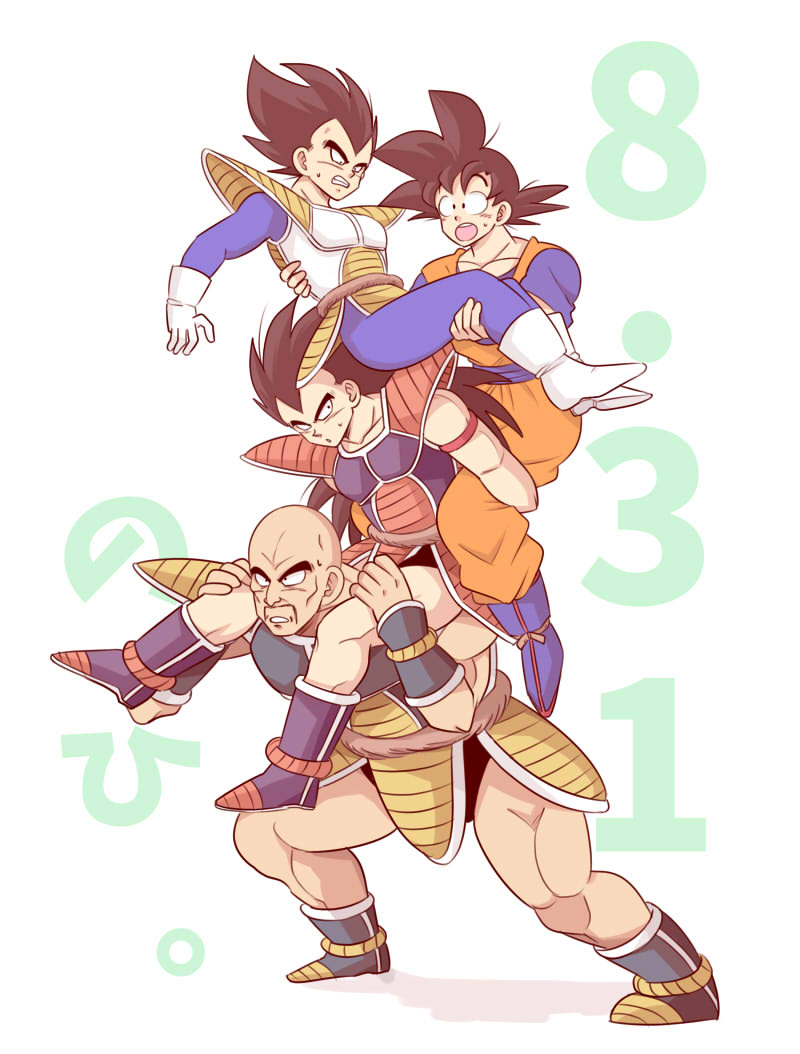 4boys armor bald black_eyes black_hair brothers carrying clenched_teeth dougi dragon_ball dragon_ball_z facial_hair gloves long_hair male_focus monkey_tail multiple_boys muscular muscular_male mustache nappa open_mouth pesogin piggyback princess_carry raditz shoulder_armor shoulder_carry siblings son_goku tail tail_around_waist teeth vegeta white_footwear white_gloves widow's_peak