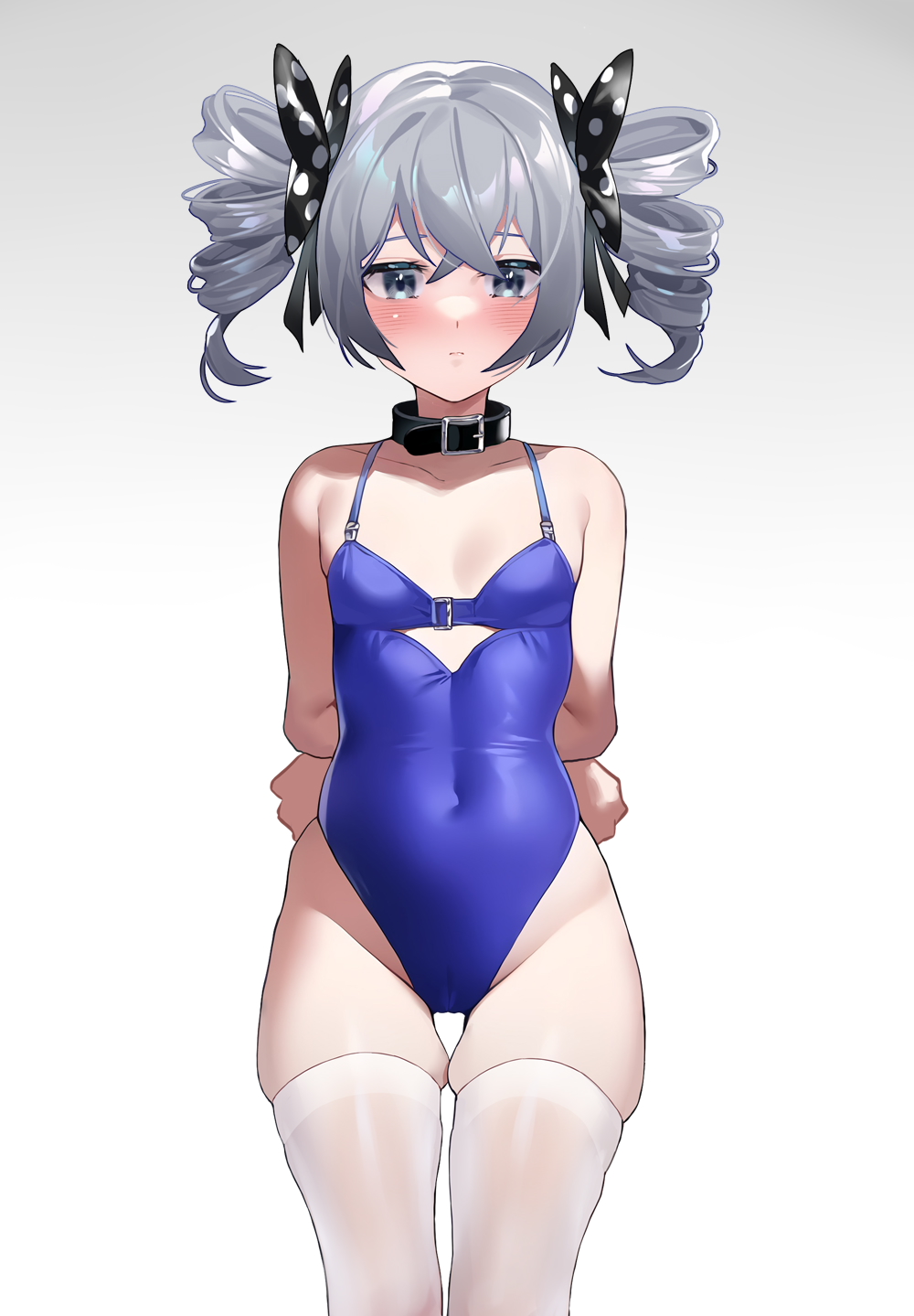 1girl arms_behind_back bare_shoulders blue_one-piece_swimsuit blush breasts bronya_zaychik collar collarbone competition_swimsuit covered_navel drill_hair ginklaga grey_eyes grey_hair hair_between_eyes highres honkai_(series) honkai_impact_3rd looking_at_viewer medium_hair one-piece_swimsuit school_swimsuit simple_background skindentation small_breasts solo swimsuit thighhighs twin_drills white_background white_thighhighs