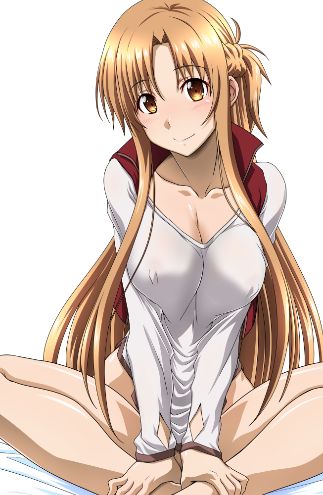 1girl asuna_(sao) bangs bare_legs bed_sheet bottomless braid breast_squeeze breasts brown_eyes cleavage closed_mouth collarbone convenient_censoring covered_nipples french_braid hair_between_eyes hair_intakes hands_on_feet indian_style jacket large_breasts light_brown_hair long_hair long_sleeves looking_at_viewer open_clothes open_jacket red_jacket sanada_sei shiny shiny_hair shirt simple_background sitting sleeveless sleeveless_jacket smile solo sword_art_online very_long_hair white_background white_shirt