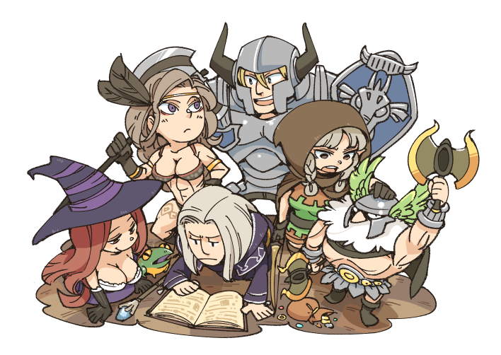 amazon_(dragon's_crown) armor axe breasts chibi cleavage closed_mouth dragon's_crown dress dwarf_(dragon's_crown) elf_(dragon's_crown) fighter_(dragon's_crown) hat helmet hounori long_hair multiple_boys multiple_girls muscular open_mouth shield smile sorceress_(dragon's_crown) strapless strapless_dress witch_hat wizard_(dragon's_crown)