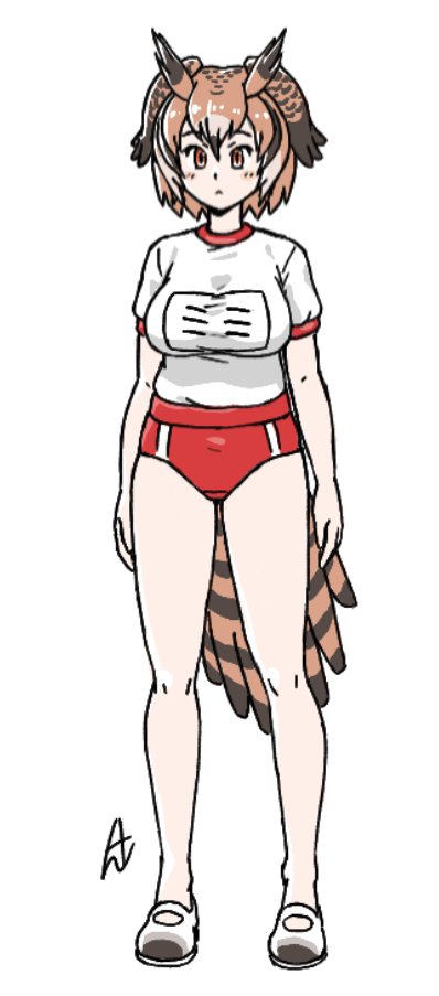 1girl acesrulez alternate_costume bird_girl bird_tail bird_wings black_hair blush brown_hair buruma commentary_request full_body gym_shirt gym_uniform head_wings kemono_friends multicolored_hair name_tag northern_white-faced_owl_(kemono_friends) orange_eyes owl_ears red_buruma shirt shoes short_hair short_sleeves solo t-shirt tail translation_request uwabaki white_footwear white_shirt wings