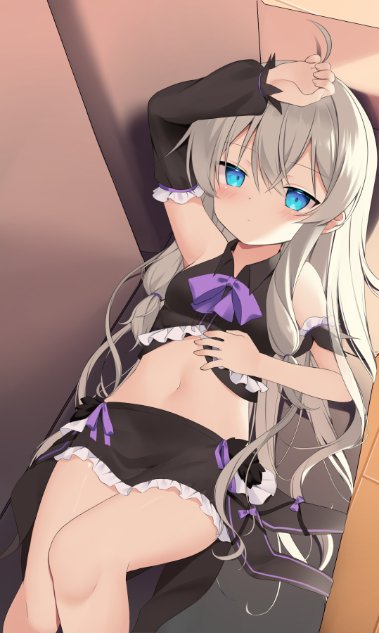1girl ahoge arm_up bangs black_shirt black_skirt blue_eyes blush closed_mouth collared_shirt commentary_request couch detached_sleeves feet_out_of_frame frilled_shirt frilled_skirt frilled_sleeves frills grey_hair hair_between_eyes indoors long_hair long_sleeves looking_at_viewer lying navel on_back on_couch puffy_long_sleeves puffy_sleeves shirt single_detached_sleeve skirt sleeveless sleeveless_shirt sleeves_past_wrists solo soul_worker stella_unibell usagimiko very_long_hair wooden_floor