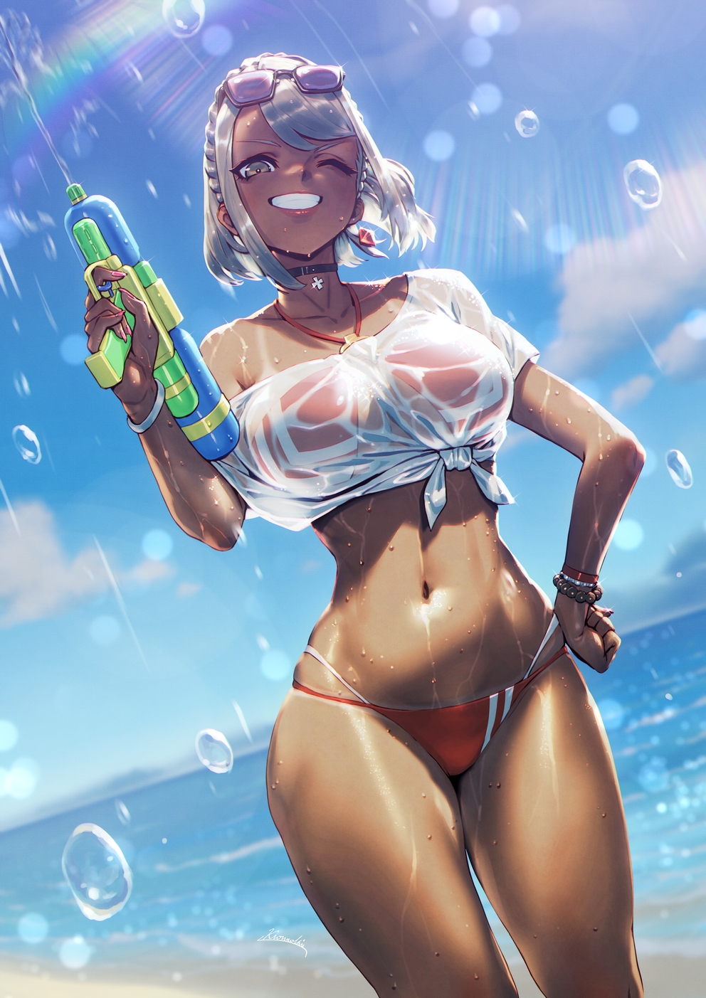 1girl bangs bare_shoulders bead_bracelet beads bikini blue_sky bracelet cloud commentary_request commission cowboy_shot crop_top day dutch_angle eyewear_on_head grey_eyes grey_hair grin halterneck hand_up highres holding holding_water_gun jewelry kio_naoki looking_at_viewer midriff navel off-shoulder_shirt off_shoulder one_eye_closed original rainbow red_bikini see-through shirt short_hair short_sleeves sky smile solo standing stomach sunglasses swimsuit thighs tied_shirt water water_gun wet wet_clothes wet_shirt white_shirt