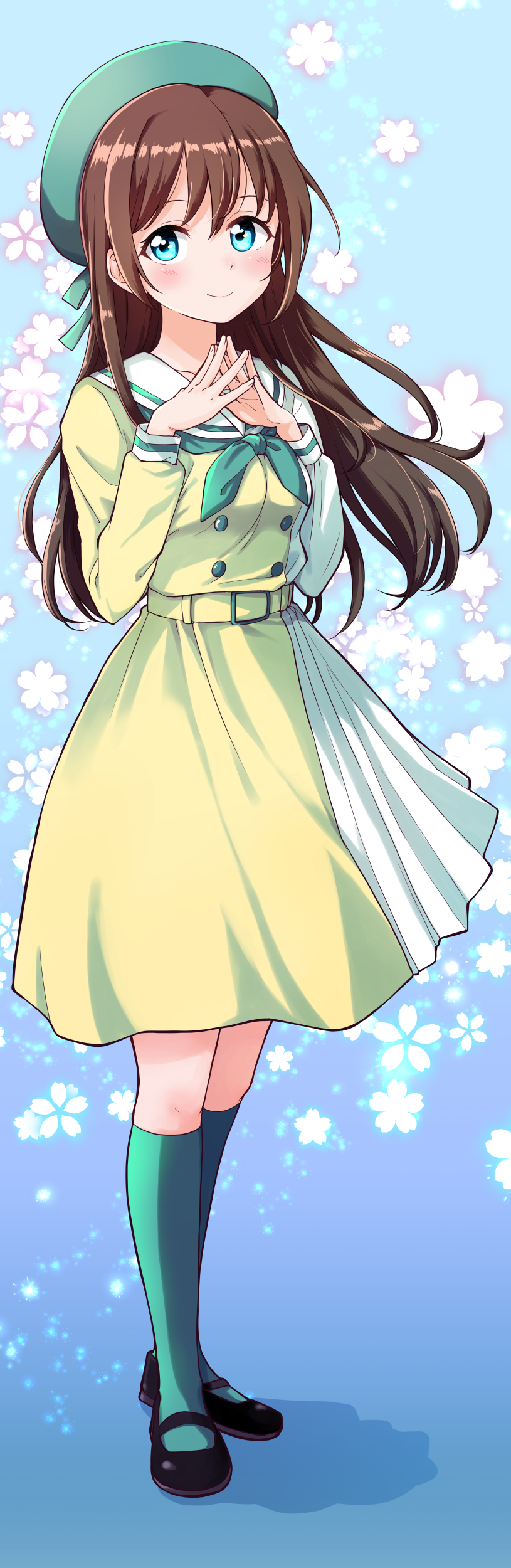 1girl absurdres beret black_footwear blue_background blue_eyes blush brown_hair buttons closed_mouth collared_dress commentary_request double-breasted dress frilled_skirt frills green_headwear green_neckerchief green_socks hair_between_eyes hat highres idol_clothes itsuki_kuro long_hair looking_at_viewer love_live! love_live!_nijigasaki_high_school_idol_club mirai_harmony neckerchief ousaka_shizuku own_hands_together petals shadow skirt smile socks solo standing two-tone_dress wind yellow_belt