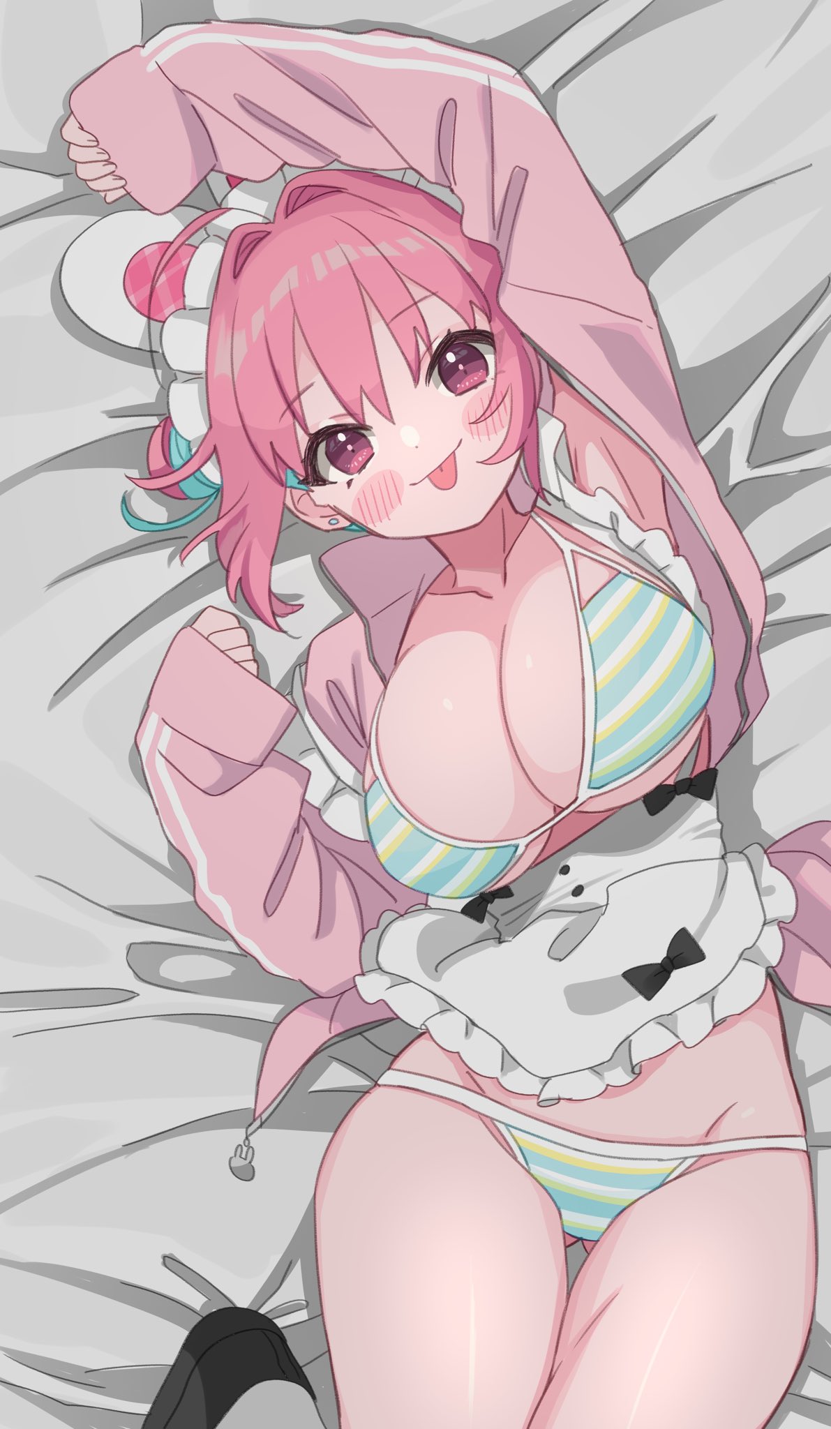 1girl ahoge animal_ears apron aqua_bikini aqua_hair arm_up armpits ass_visible_through_thighs bangs bed_sheet bikini black_bow black_footwear blush_stickers bow breasts cleavage collarbone diagonal-striped_bikini diagonal_stripes dot_nose earrings feet_up frilled_apron frills groin hair_bun hair_intakes headband highres huge_breasts idolmaster idolmaster_cinderella_girls idolmaster_cinderella_girls_starlight_stage jacket jewelry legs_together long_sleeves looking_at_viewer lying maid_headdress multicolored_hair on_back on_bed open_clothes open_jacket pink_eyes pink_hair pink_jacket rabbit_ears saito_katuo single_side_bun sleeves_past_wrists solo striped striped_bikini swimsuit thighs tongue tongue_out track_jacket two-tone_hair underboob waist_apron white_apron white_headband yumemi_riamu zipper_pull_tab