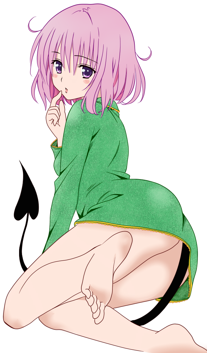 artist_request ass barefoot blush bottomless colorized feet full_body highres momo_velia_deviluke no_panties pajamas pink_hair purple_eyes short_hair solo tail to_love-ru to_love-ru_darkness transparent_background