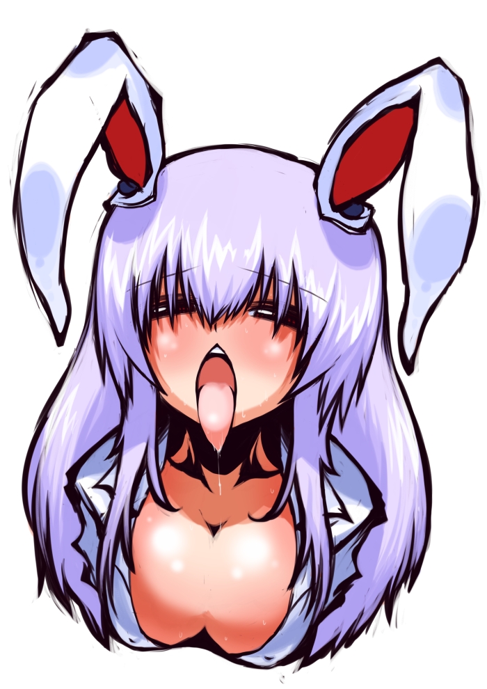 animal_ears bad_id bad_pixiv_id blush breasts bunny_ears chestnut_mouth cleavage covered_nipples dress_shirt ichi_(ichikai) large_breasts long_hair open_mouth purple_hair red_eyes reisen_udongein_inaba saliva saliva_trail shirt solo tongue tongue_out touhou
