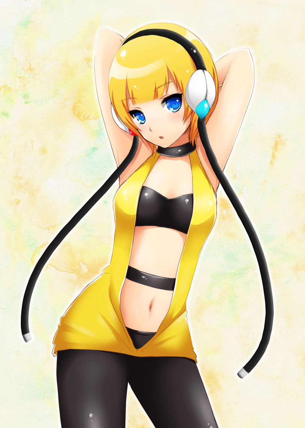 arms_up bad_id bad_pixiv_id belt blonde_hair blue_eyes blush breasts cleavage headphones highres kamitsure_(pokemon) navel nene_(cmnnm) open_mouth pantyhose pokemon pokemon_(game) pokemon_bw short_hair small_breasts solo