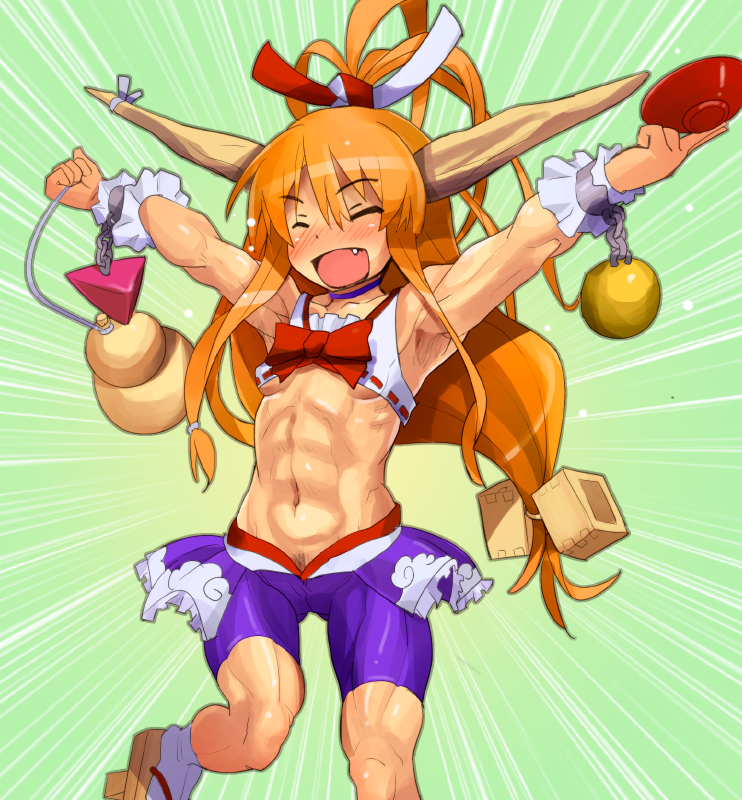 :d ^_^ abs alcohol alternate_costume anshinmama armpit_hair armpits arms_up bike_shorts bow breasts chain closed_eyes crop_top cuffs cup fang geta hair_ornament hair_ribbon happy horn_ribbon horns ibuki_suika long_hair midriff muscle navel no_bra no_panties open_mouth orange_hair outstretched_arms ponytail pubic_hair ribbon sakazuki sake sandals skirt small_breasts smile socks solo speed_lines spread_arms standing touhou underboob very_long_hair