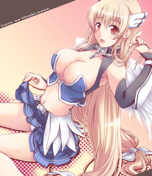 angel_wings astraea bad_id bad_pixiv_id blonde_hair blush breasts cleavage collar large_breasts long_hair microspace midriff miniskirt navel red_eyes skirt solo sora_no_otoshimono twintails wings