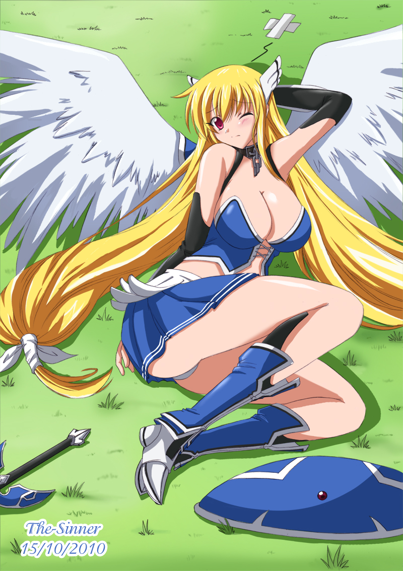 2010 angel_wings artist_name astraea blonde_hair blush breasts cleavage collar dated large_breasts legs long_hair long_legs midriff miniskirt one_eye_closed panties red_eyes skirt solo sora_no_otoshimono the-sinner thighs twintails underwear very_long_hair weapon wings