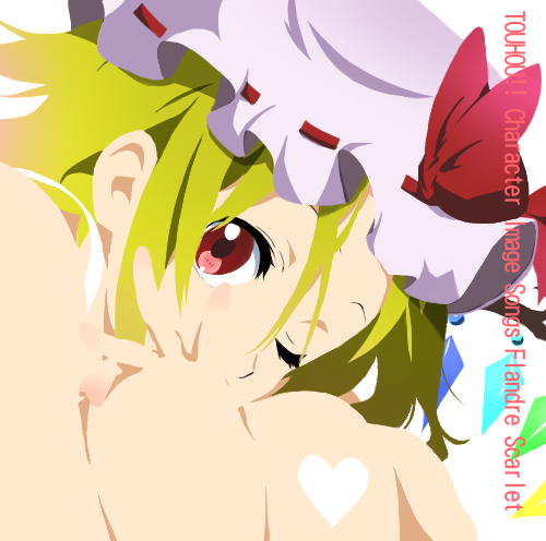 album_cover blonde_hair cover derivative_work flandre_scarlet gradient_hair hat k-on! lowres multicolored_hair one_eye_closed parody piiko_(1187629) red_eyes solo touhou