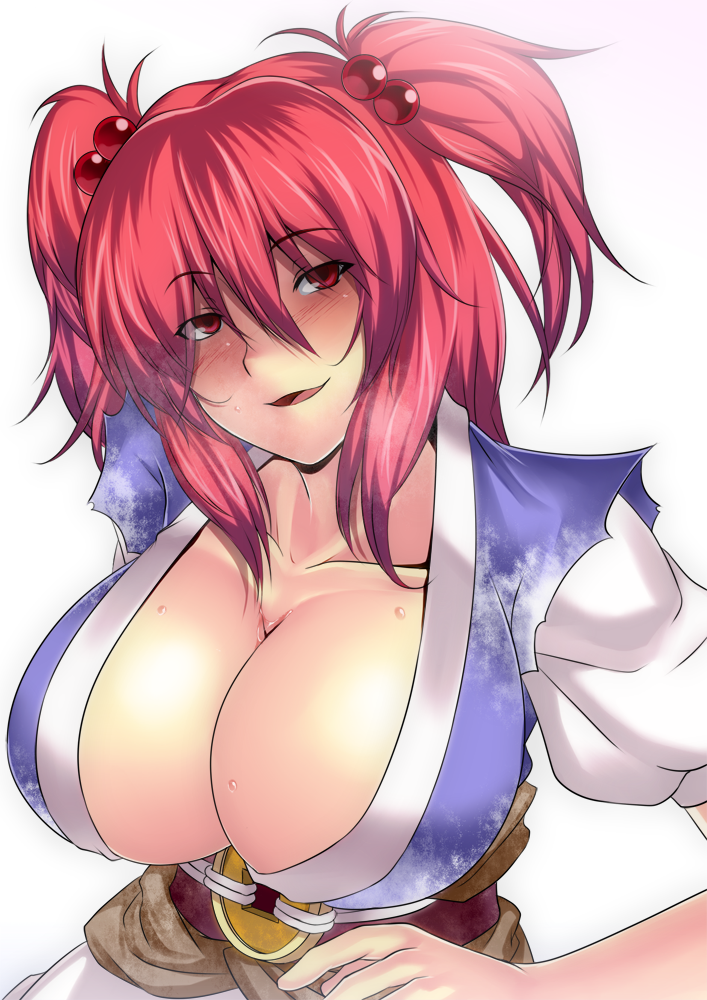 blush breasts cleavage hair_bobbles hair_ornament kupala large_breasts onozuka_komachi red_eyes red_hair solo touhou transparent_background