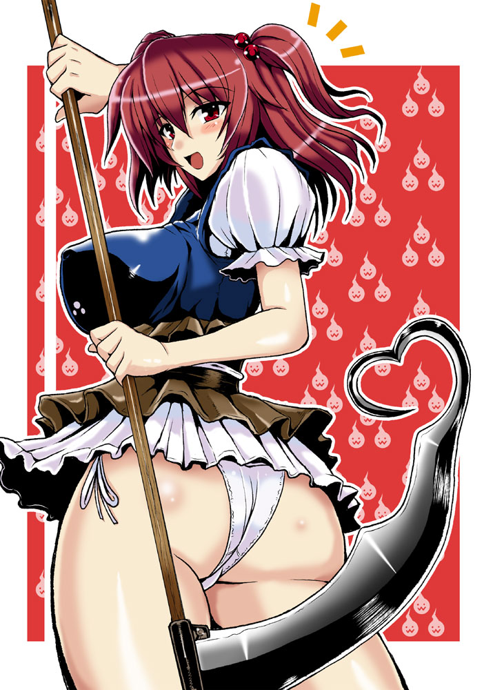 alternate_weapon ass birthday breasts hair_bobbles hair_ornament heart large_breasts no_pants onozuka_komachi panties red_eyes red_hair scythe short_hair side-tie_panties solo touhou two_side_up underwear weapon yasakani_an