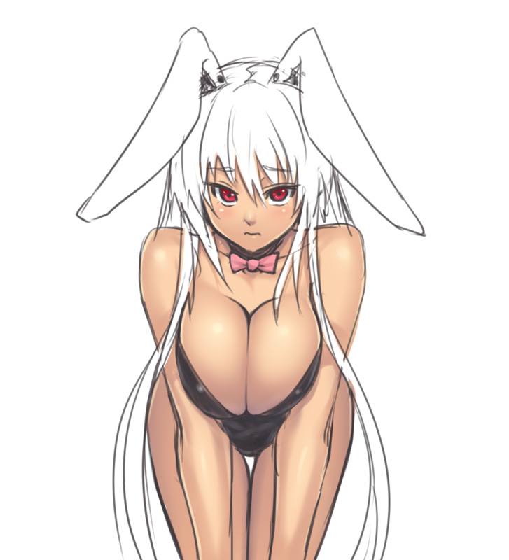 alternate_costume animal_ears bare_legs bent_over bow bowtie breast_squeeze breasts bunny_ears bunny_girl bunnysuit cleavage collarbone dark_skin frown fujiwara_no_mokou hips houtengeki large_breasts long_hair looking_at_viewer red_eyes simple_background sketch solo standing straight_hair tan thigh_gap touhou very_long_hair wavy_mouth white_background white_hair