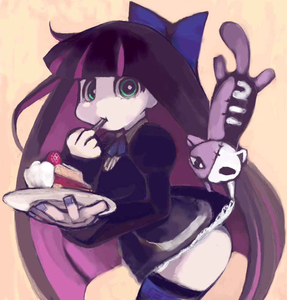 bangs black_dress blue_bow blunt_bangs bow bright_pupils cake cream dress eating food fruit green_eyes hair_bow holding holding_plate kasutaso leaning_forward long_hair long_sleeves looking_at_viewer multicolored_hair nail_polish navel panty_&amp;_stocking_with_garterbelt pink_hair plate purple_hair purple_nails short_dress simple_background slice_of_cake solo spoon spoon_in_mouth stocking_(psg) strawberry striped striped_legwear thighhighs thighs two-tone_hair very_long_hair zettai_ryouiki
