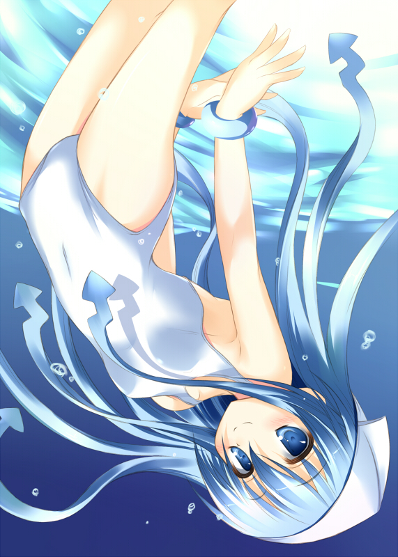 blue_eyes blue_hair blush ikamusume long_hair nozomi_tsubame one-piece_swimsuit shinryaku!_ikamusume solo submerged swimsuit tentacle_hair tentacles underwater water