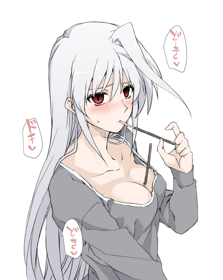 1girl ahoge alternate_costume between_breasts blush breasts cleavage collarbone commentary_request elf_(stroll_in_the_woods) grey_hair grey_short long_hair lyrical_nanoha mahou_shoujo_lyrical_nanoha mahou_shoujo_lyrical_nanoha_a's medium_breasts pocky_in_mouth red_eyes reinforce simple_background solo speech_bubble sweatdrop translation_request upper_body white_background