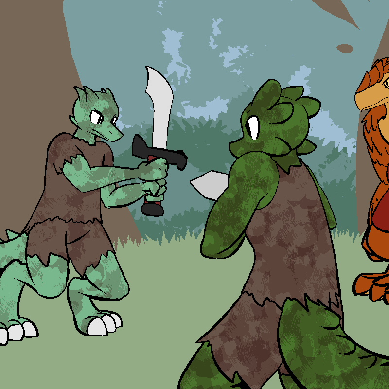 2014 anthro bottomwear clothed clothing digital_drawing_(artwork) digital_media_(artwork) digitigrade dirty facing_each_other fen_(lagotrope) grass green_body green_skin group horn kobold lagotrope lizard male melee_weapon mountain_kobold orange_body orange_scales outside pants plant pupils reptile scales scalie shirt slit_pupils standing story story_at_source story_in_description sword tgchan topwear tree trio weapon white_eyes zizi_(lagotrope)