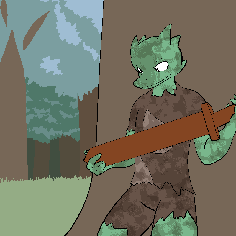 2014 anthro clothed clothing digital_drawing_(artwork) digital_media_(artwork) dirty fen_(lagotrope) grass green_body green_skin horn kobold lagotrope lizard male melee_weapon plant pupils reptile scalie shirt slit_pupils solo standing story story_at_source story_in_description sword tgchan topwear tree weapon white_eyes