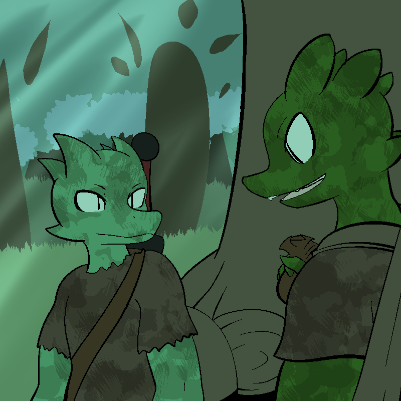 1:1 2014 anthro clothed clothing digital_drawing_(artwork) digital_media_(artwork) dirty duo fen_(lagotrope) grass green_body green_skin horn kobold lagotrope lizard male melee_weapon outside plant pupils reptile scalie shirt slit_pupils story story_at_source story_in_description sword tgchan topwear tree weapon zizi_(lagotrope)